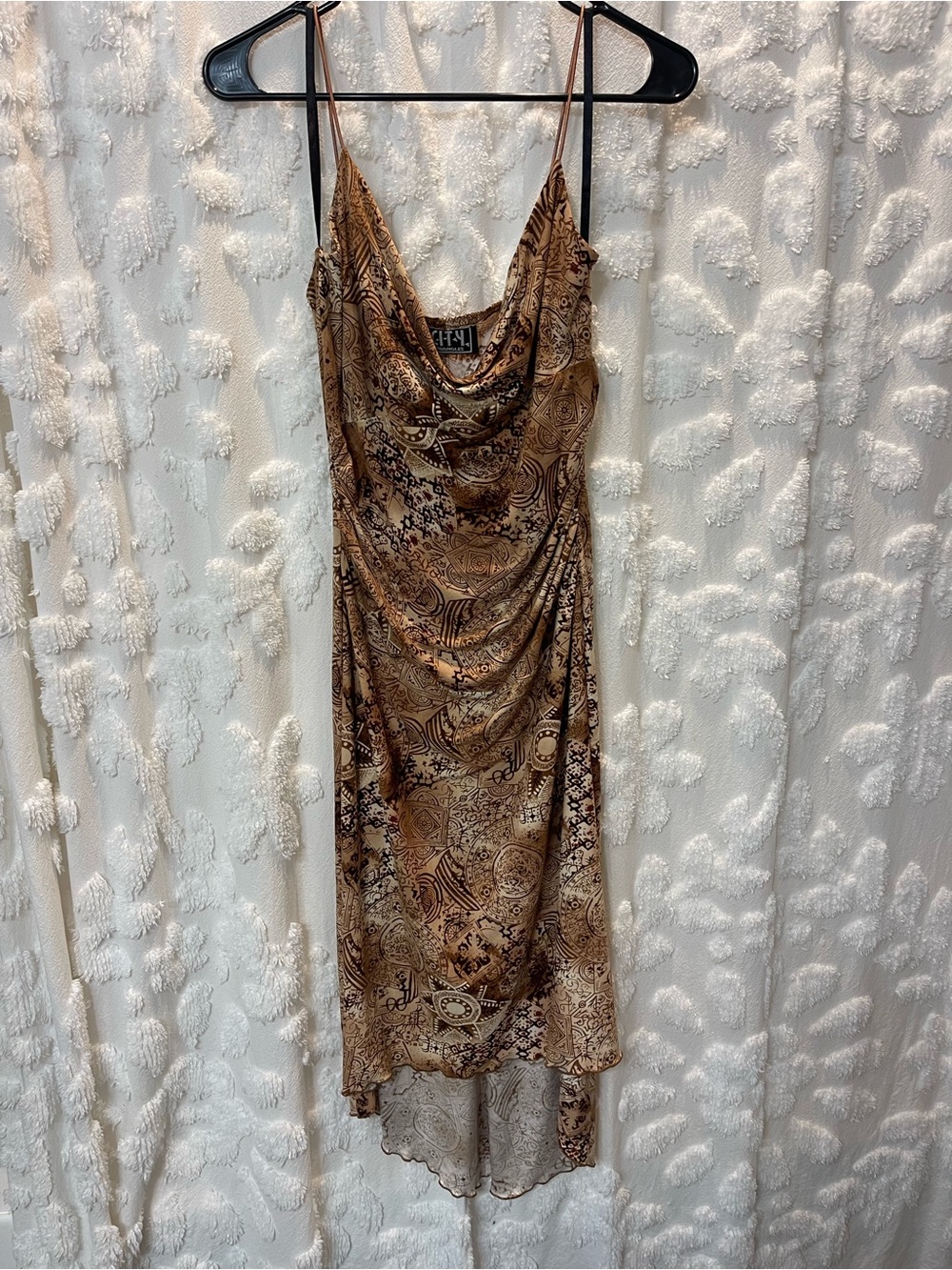 Vintage City Triangles Brown and beige paisley print slip dress with cowl neck